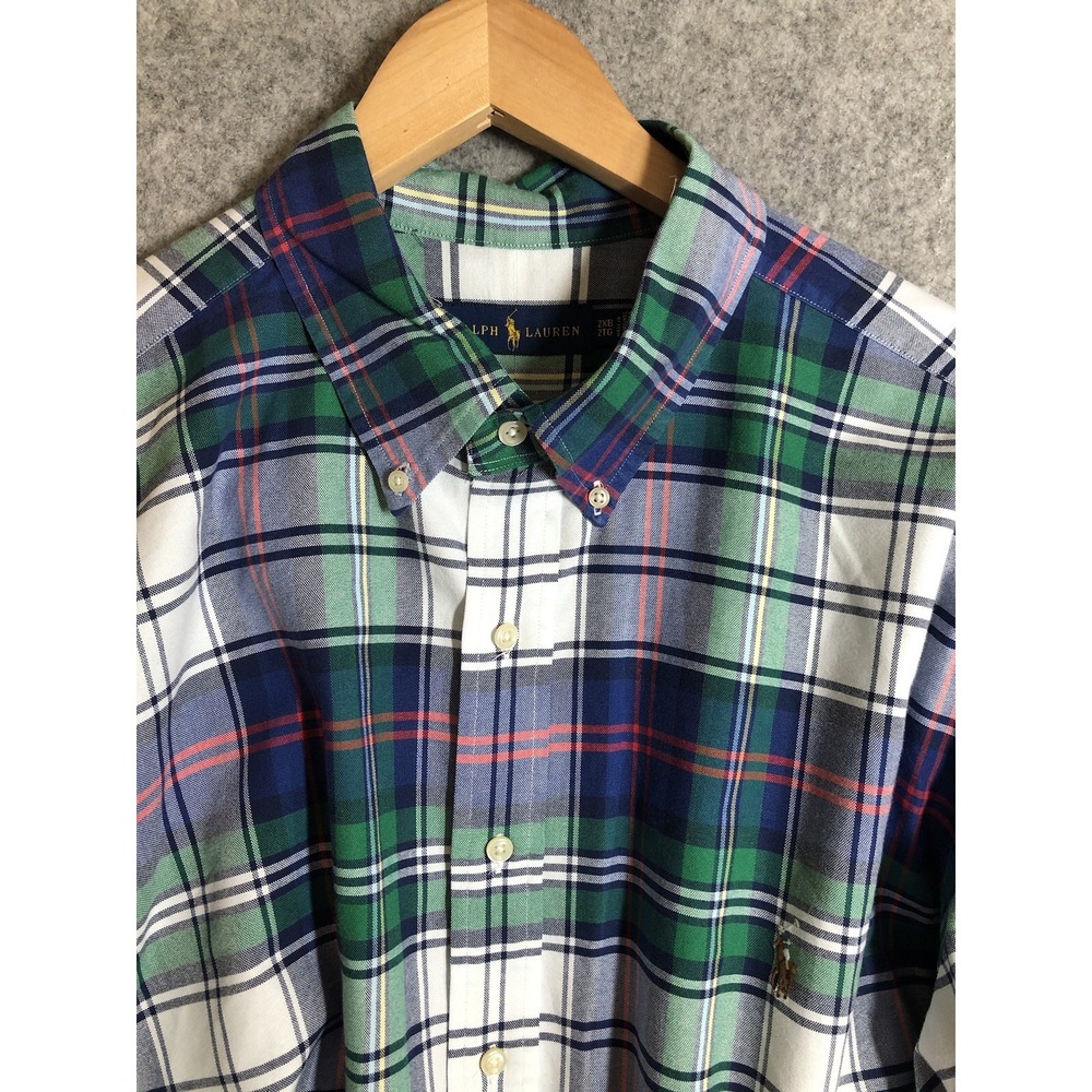 Ralph Lauren Shirt Mens 2XB 2XL Blue Tartan Plaid Oxford OCBD Business Classic